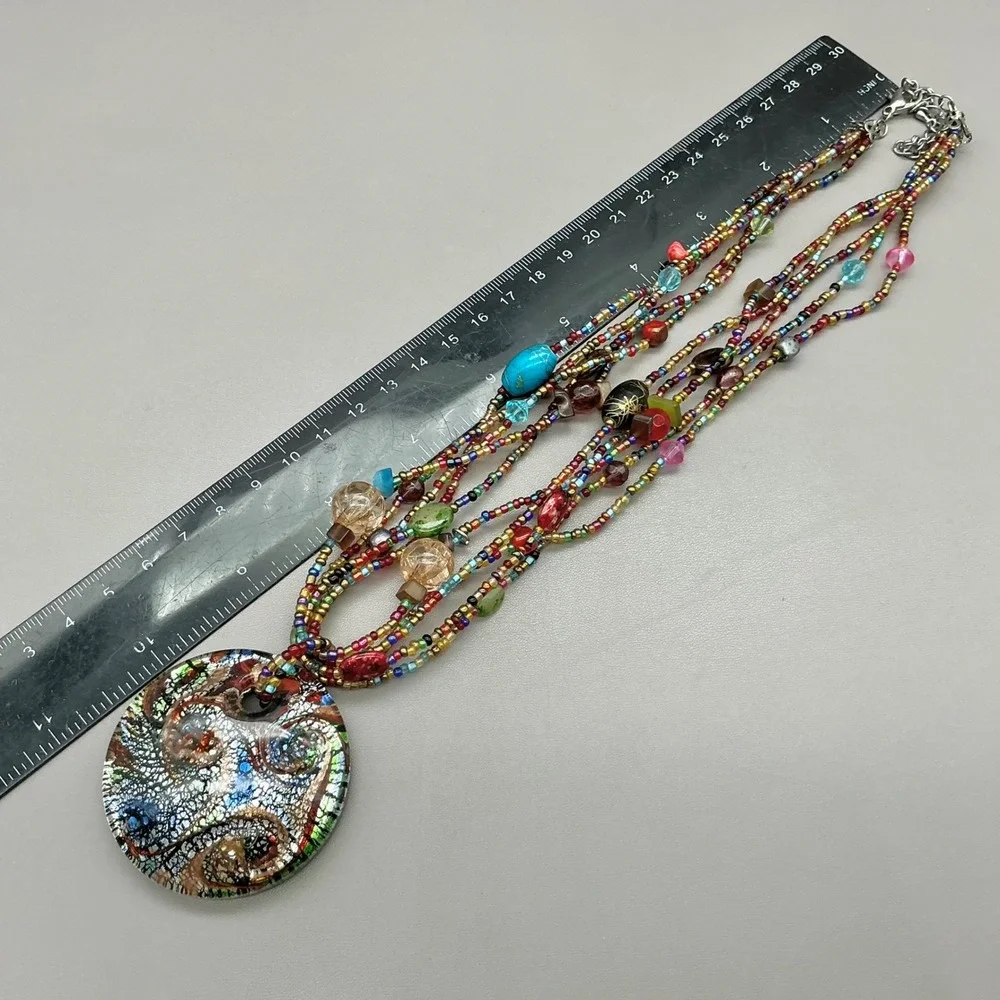 Necklace Multicolor Seed Bead Multi Strand Art Glass Round Pendant Statement